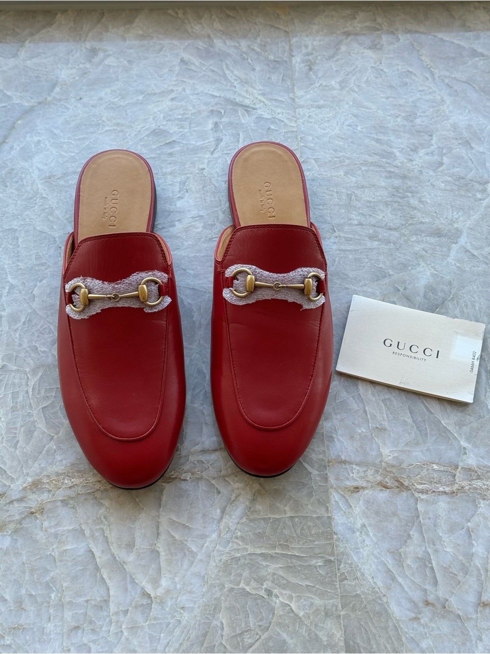 Gucci Red Leather Horsebit Mules with Gold Hardware